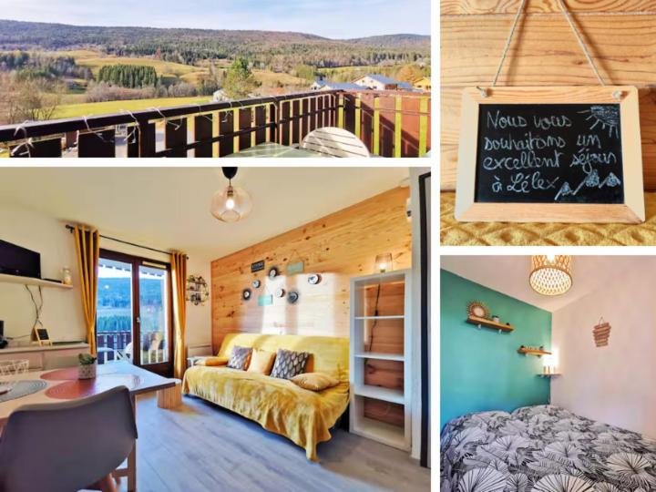 two pictures of a bedroom with a bed and a desk at Appartement Lélex - classé meublé de tourisme 2 étoiles - 4 personnes - pied des pistes - vue montagne in Mijoux