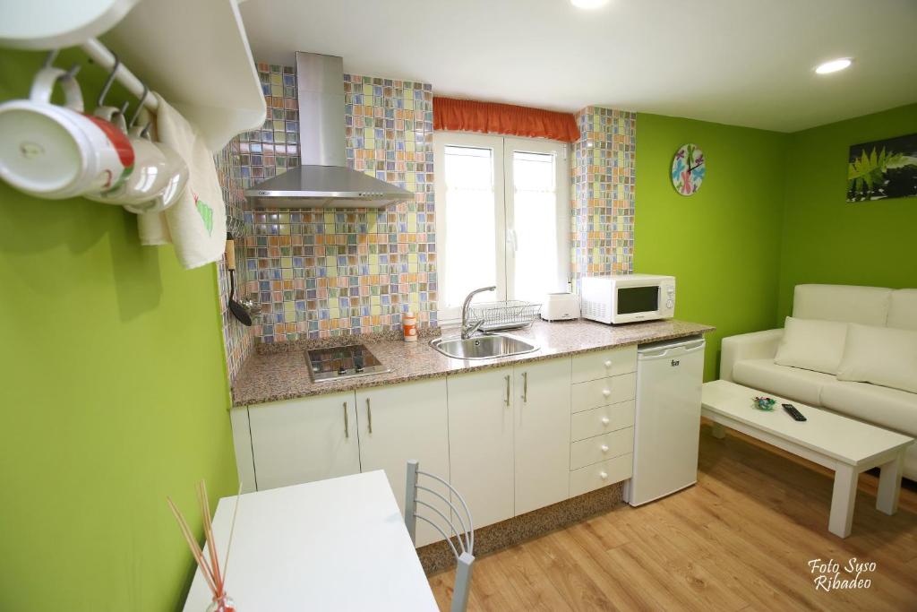 una pequeña cocina con fregadero y microondas en Apartamentos Bouso, en Villaframil
