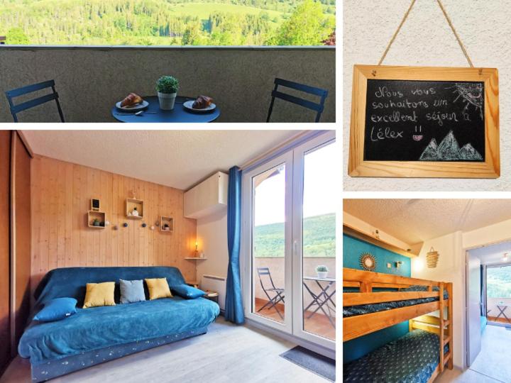 a collage of pictures of a bedroom with a bed at Studio Lélex - classé meublé de tourisme 2 étoiles - pied des pistes - vue montagne in Lélex