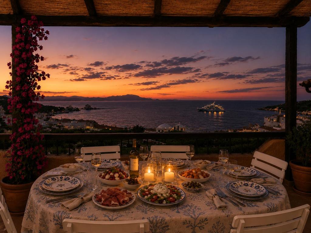 a dinner table with a view of the ocean at sunset at Sea View Three-Bedroom House 50m from the Beach in Baja Sardinia