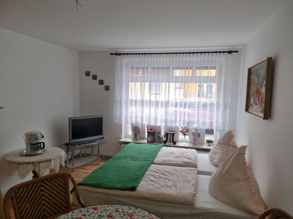 a bedroom with a large bed and a window at Ferienwohnung Pasewalk Zentrum in Pasewalk