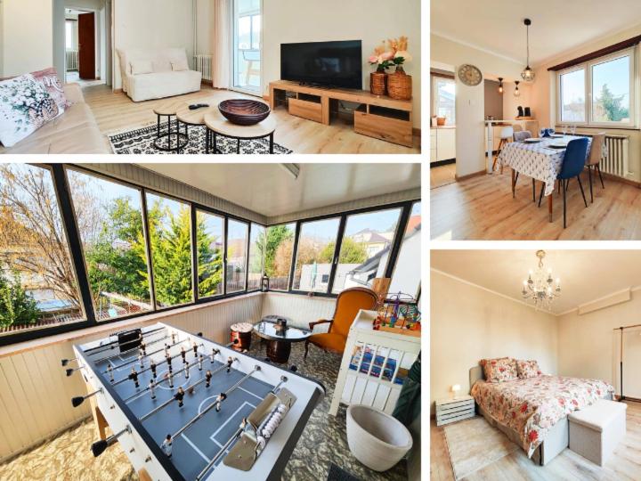 a collage of four pictures of a living room at Le repère des amis - 4 pers - proche tram - parking gratuit - babyfoot in Lingolsheim