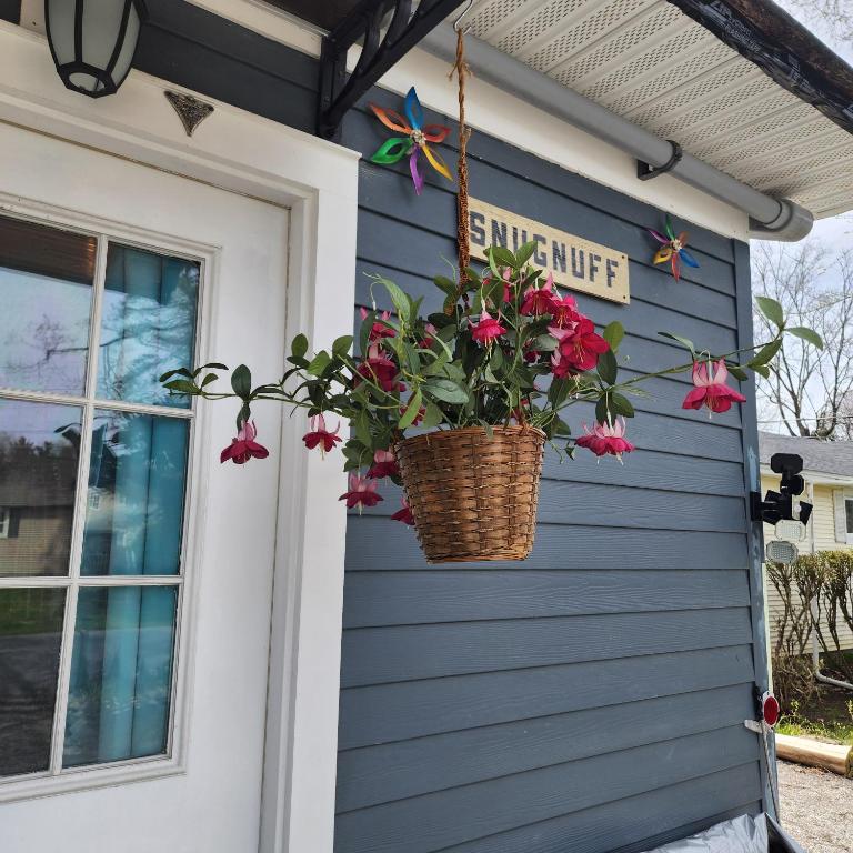 a flower basket hanging on the side of a house at Snugnuff in South Burlington