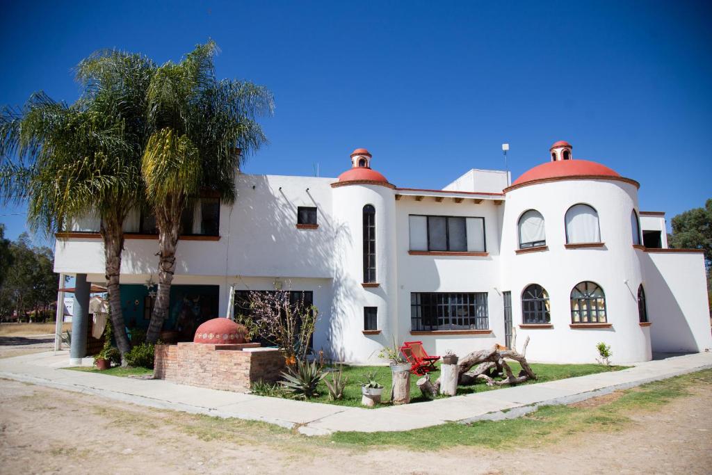 a white house with a palm tree in front of it at Casa del Horno in El Cinco de Mayo