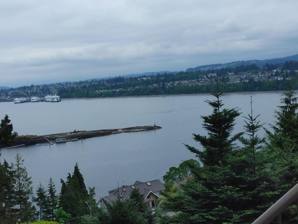 ein großer See mit einem Steg in der Mitte in der Unterkunft Quiet Ocean View Open Concept, Loft Style Studio within Forested Area, Near Parks & Ferry in Nanaimo