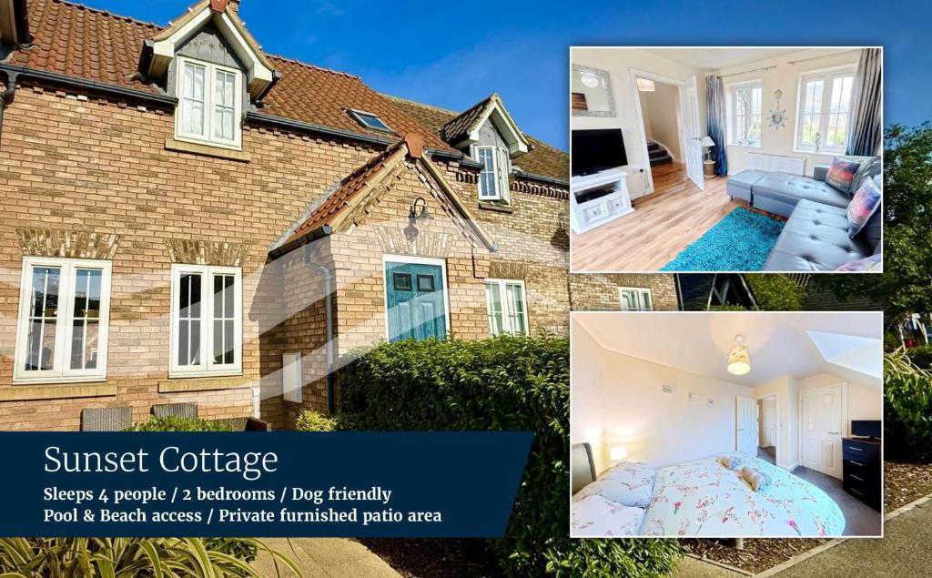 a collage of photos of a house at Sunset Cottage - Part of the The Bay Filey Holiday Village with pool, gym and direct beach access, pub, restaurant, tennis and meadows walks in Filey