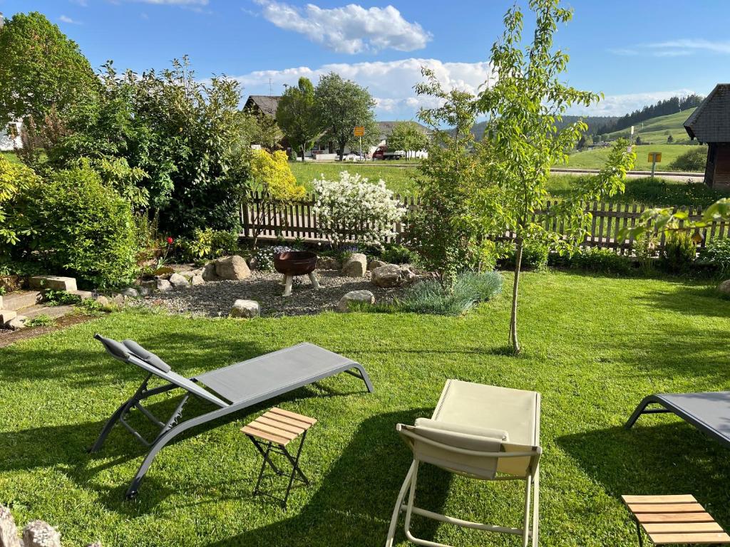 a yard with chairs and a table and a tree at Hof Wälderblick in Ibach