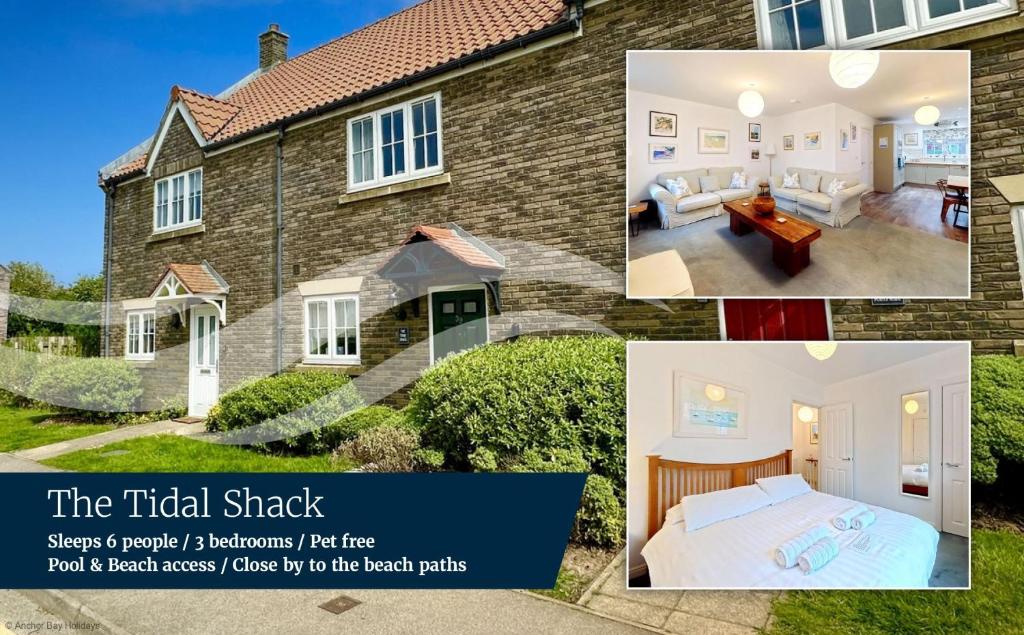 a collage of photos of a house at The Tidal Shack - Part of the The Bay Filey Holiday Village with pool, gym and direct beach access, pub, restaurant, tennis and meadows walks in Reighton