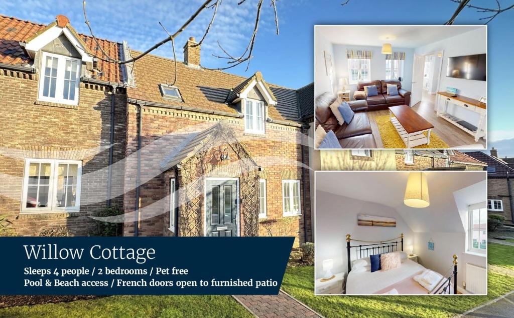 a collage of photos of a house at Willow Cottage - Part of the The Bay Filey Holiday Village with pool, gym and direct beach access, pub, restaurant, tennis and meadows walks in Reighton