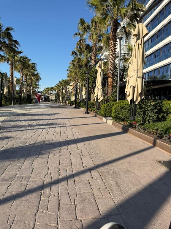 an empty street with umbrellas and palm trees at Lina in Golem