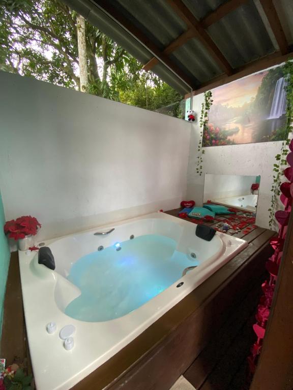 a jacuzzi tub in a room with a window at Chalé Premium com jacuzzi privativa Florianópolis in Florianópolis