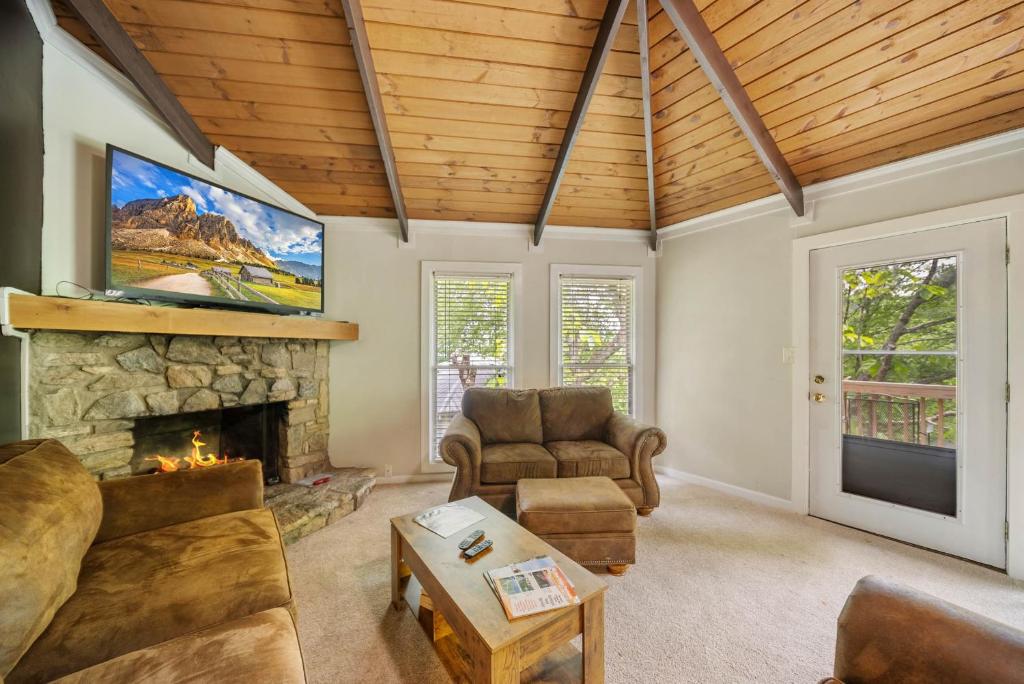 a living room with a fireplace and a tv at Treehouse On Beech in Beech Mountain