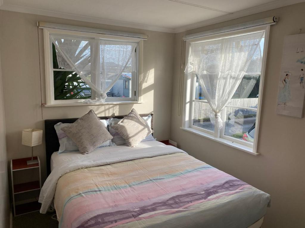 a bedroom with a bed and two windows at A convenient stay in Hamilton