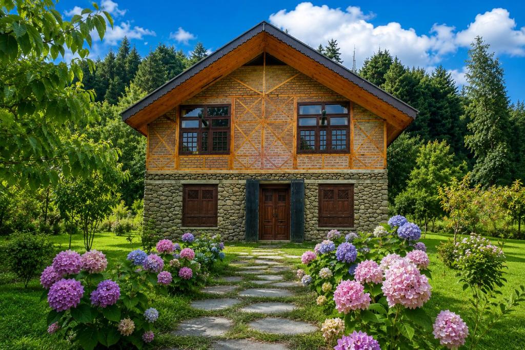 a house with flowers in front of it at Shepherd Barn Pahalgam in Pahalgām