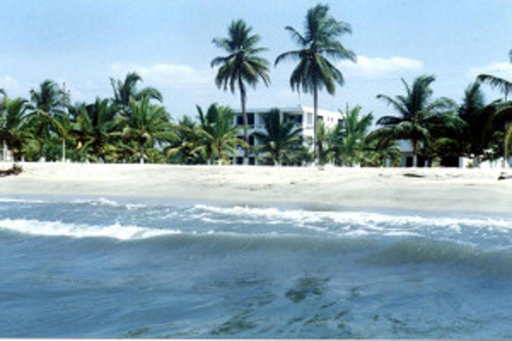 una playa con palmeras, una casa y el océano en Apartamentos Las Múcuras, en Coveñas