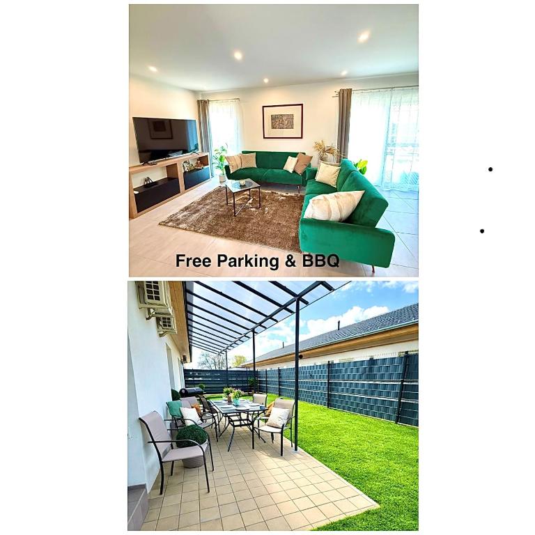 a living room with a green couch and a table at Local-Lux Garden Residence A- 2 Bedrooms-Terrace in Kecskemét