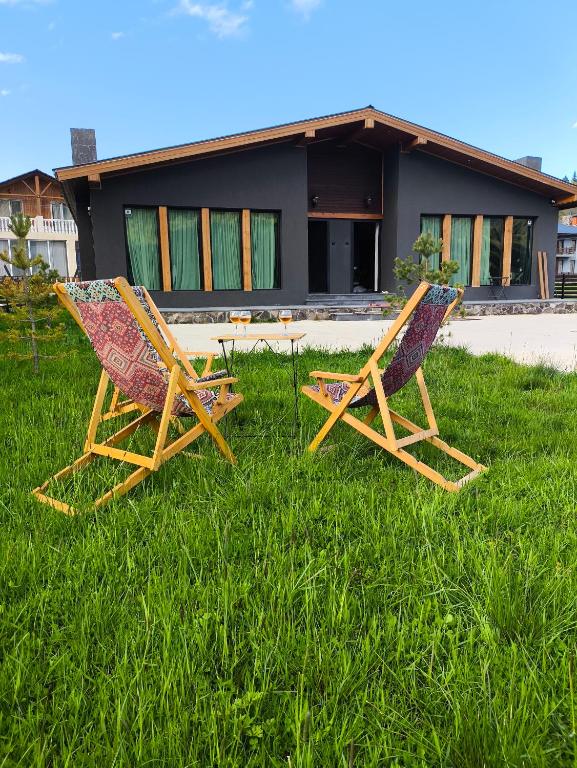 two chairs sitting in the grass in front of a house at TwinSide Chalet Bakuriani in Bakuriani