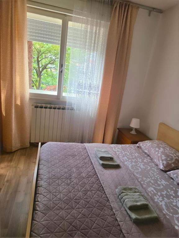 a bedroom with a large bed with a window at Appartamento Silva in Gorizia