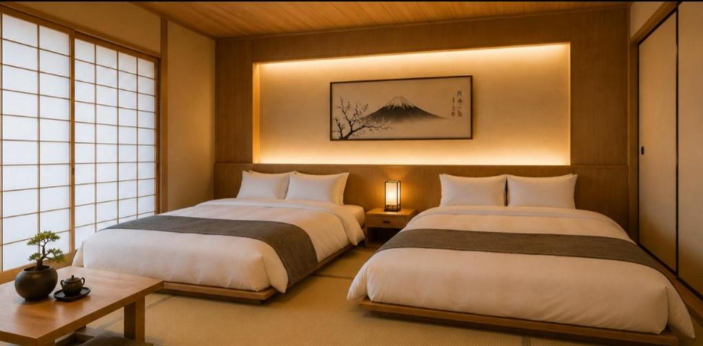 two beds in a hotel room with two windows at Tara Hotel & Spa in Hanoi