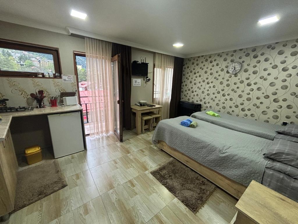 a bedroom with a bed and a kitchen with a sink at Guesthouse Saba in Borjomi