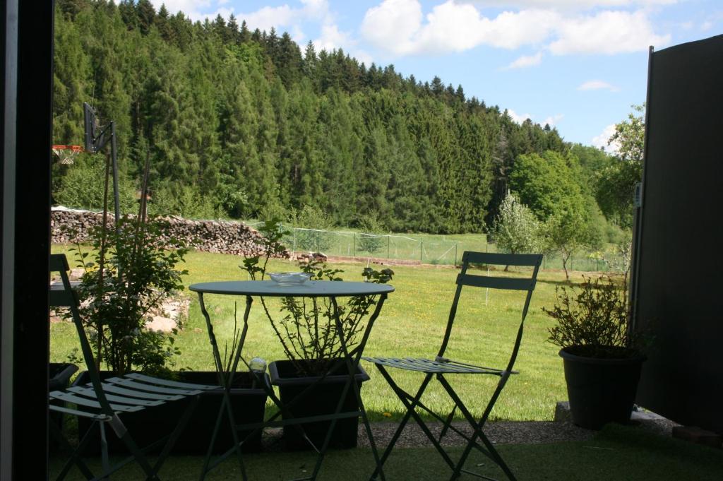 a table and chairs in a yard with a field at Gîte étape des Brimbelles in Anould