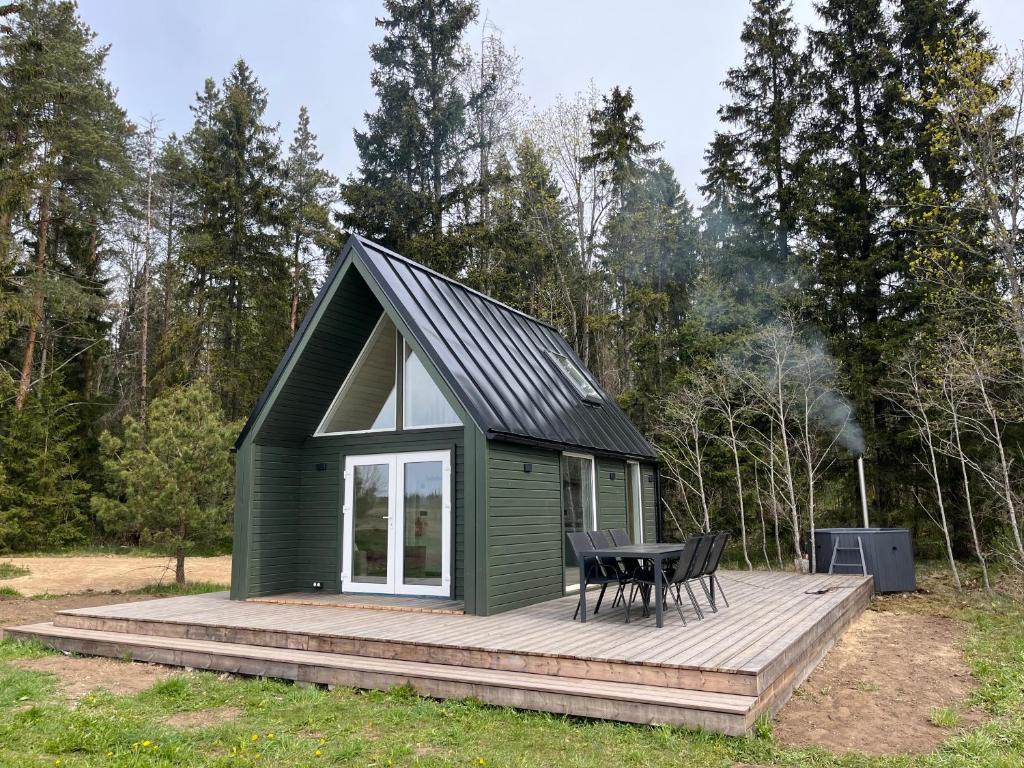 a green cabin with a table and chairs on a deck at Uduaasa Minimaja in Urge