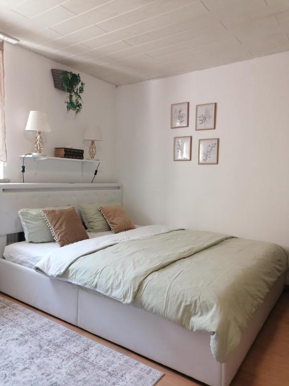 a white bedroom with a large bed in a room at Thomas Haus 1 in Günzburg