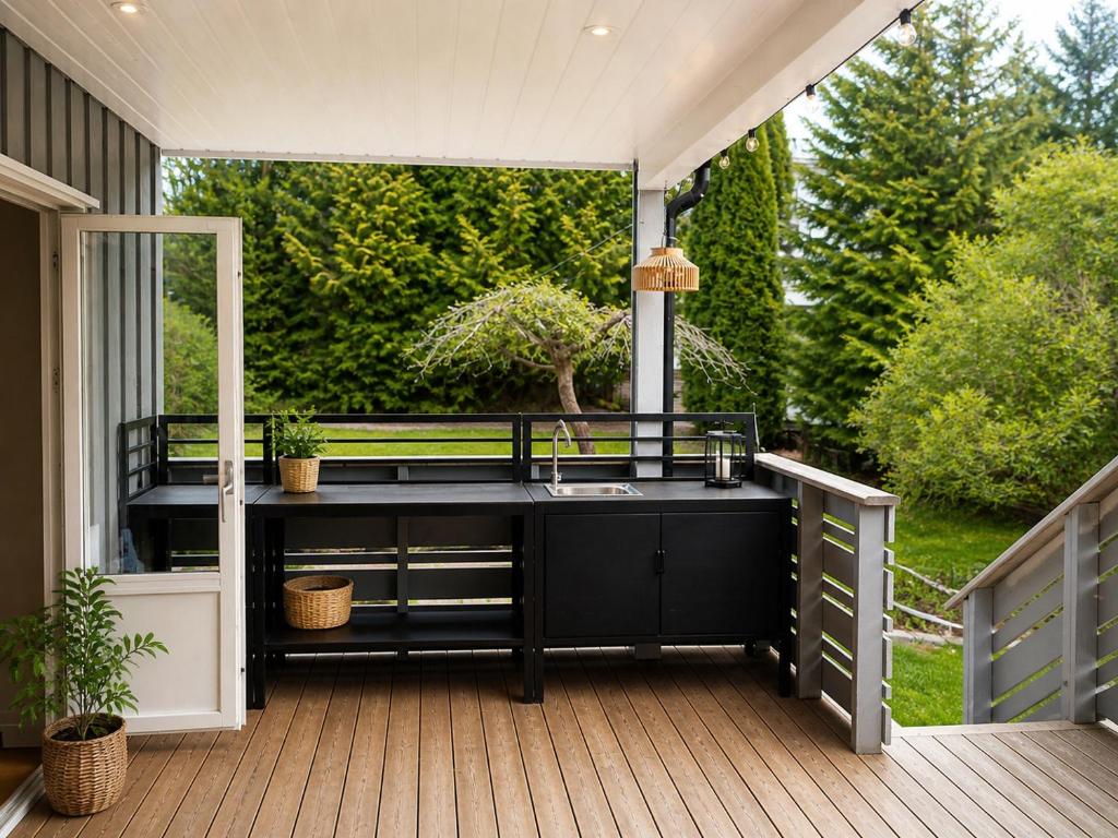 a patio with a sink on a deck at Sunny Garden Stay in Sandvika
