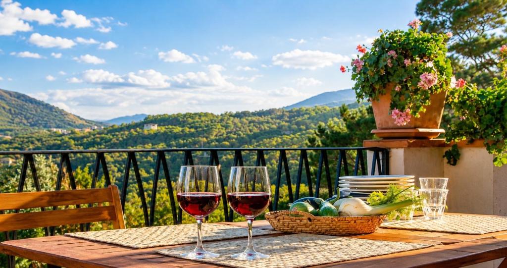 a table with two wine glasses and a basket of food at La Vignaredda - Residenza di Charme in Aggius