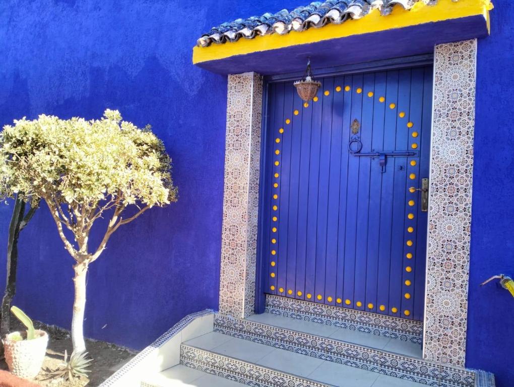 a blue building with a blue door and a tree at reda land in Ben Slimane