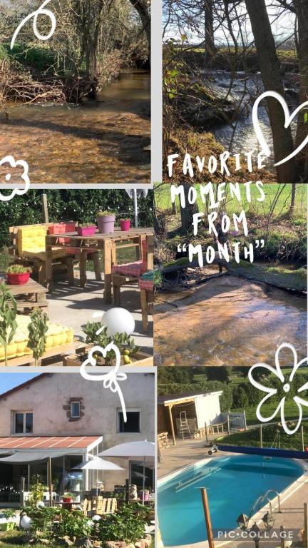 a collage of different pictures of a pool and flowers at La Varenne in Changy