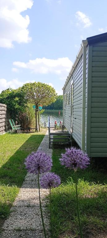 a house with purple flowers in the grass next to a bench at Twee slaapkamer stacaravan met vissteiger in Hengelo