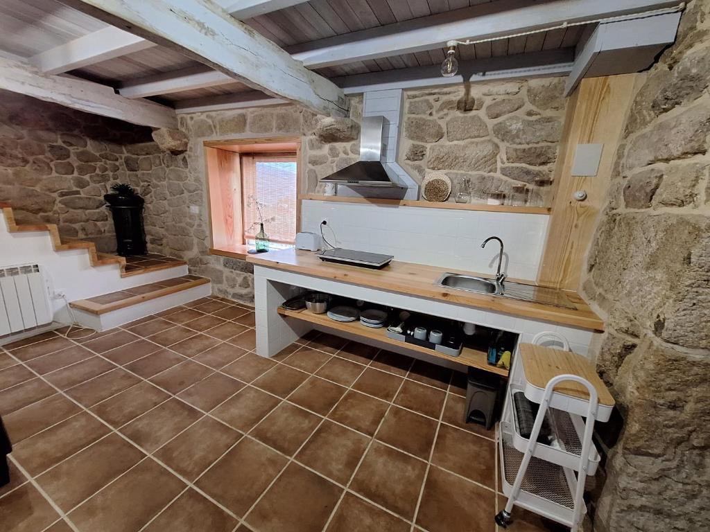 a kitchen with a counter and a sink in a room at Casa de mestre 2 in Freijo