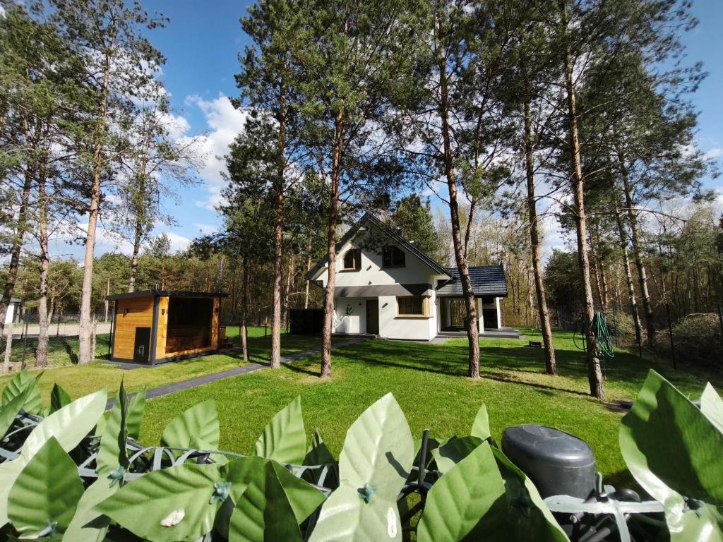 a house in the middle of a yard with trees at Kropla Rosy 27 in Orchówek