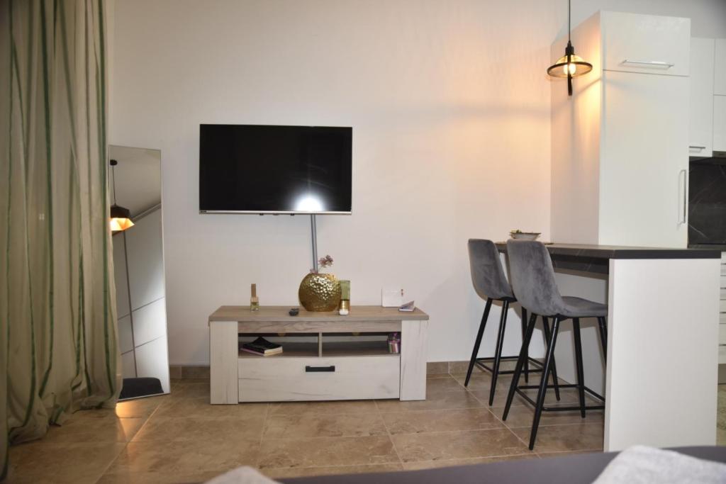 a living room with a tv and a table with chairs at Studio u srcu Banja Koviljaca in Banja Koviljača
