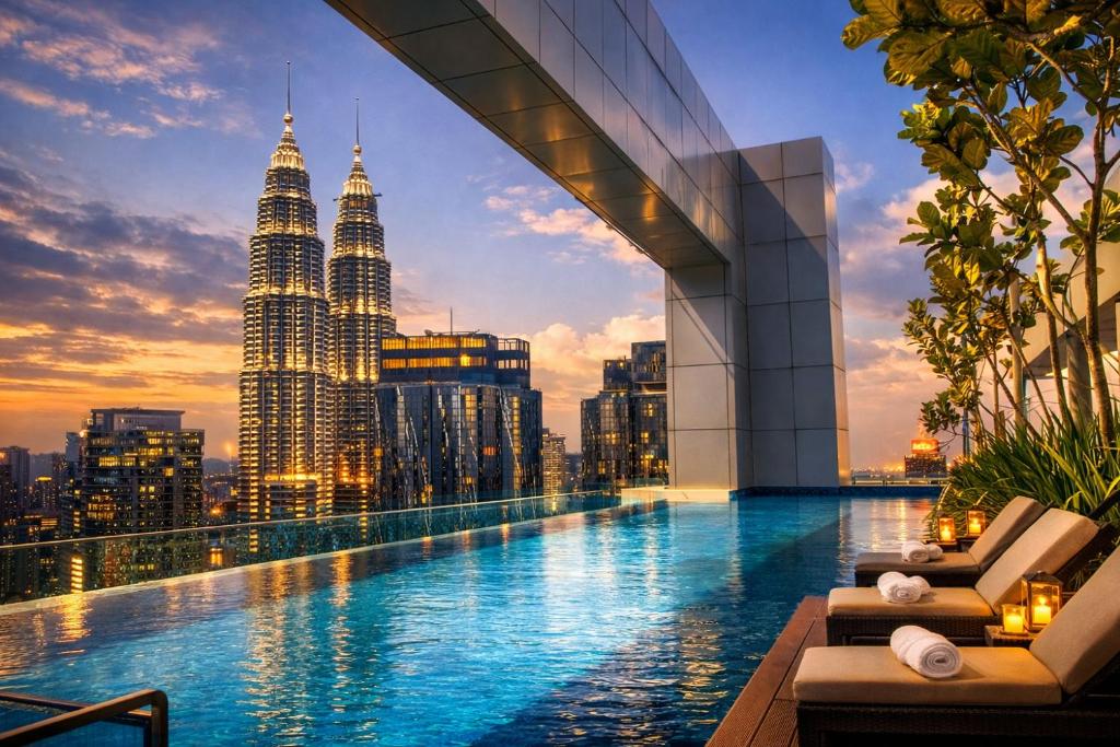 a pool with a view of the petronas twin towers at Royce Residence KLCC by Dormeo Destinations in Kuala Lumpur