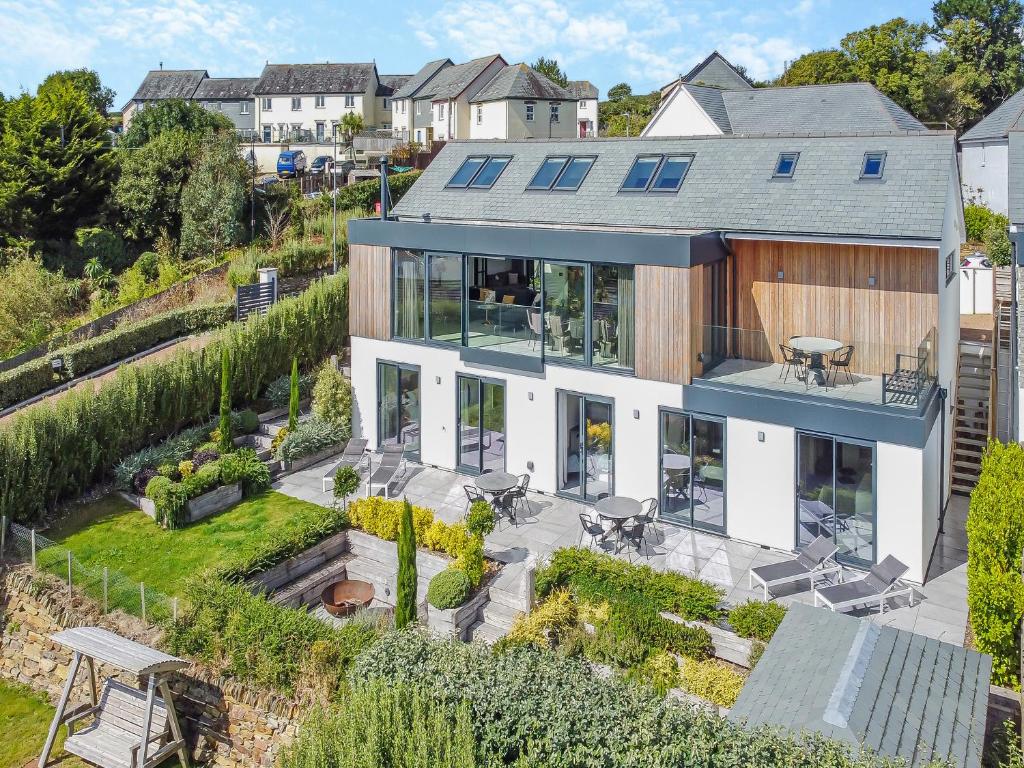 an aerial view of a house with a garden at Seabreeze in Saint Mawes
