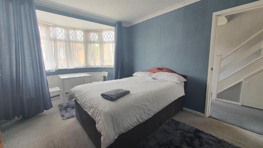 a bedroom with a bed with a blue wall at Wigston house in Wigston Magna
