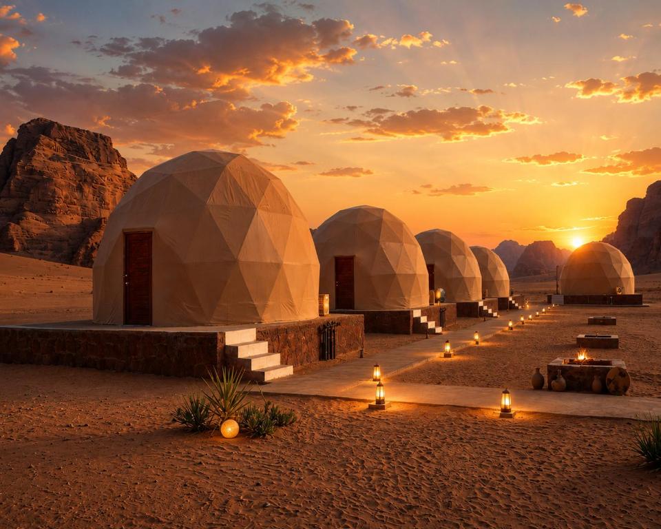 a group of domes in the desert at sunset at Wadi Rum Nader Luxury Camp in Wadi Rum