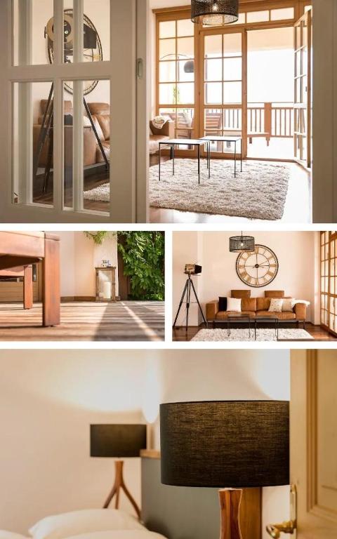 a collage of three pictures of a living room at Milla - Exklusives Wohnen im Grünen in Cortaccia