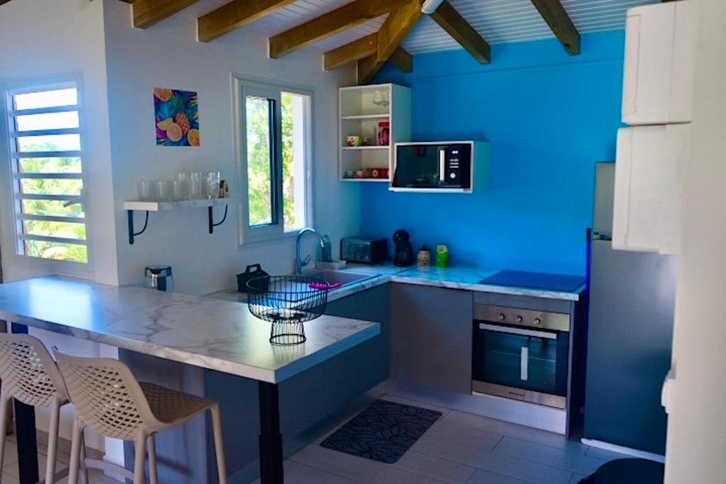 a kitchen with blue walls and a large kitchen island at Cocon Kréyòl in Sainte-Anne