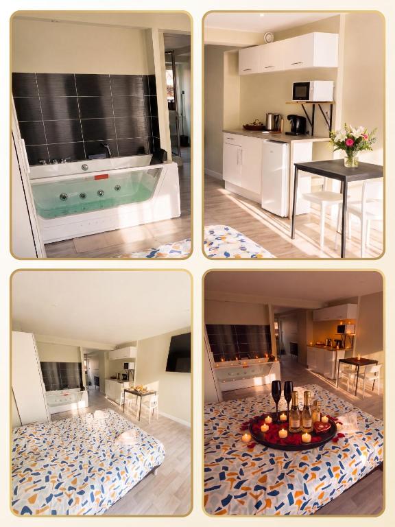 a group of four pictures of a kitchen and a living room at Loft Spa lumineux Jacuzzi privé écran cinéma in Roubaix