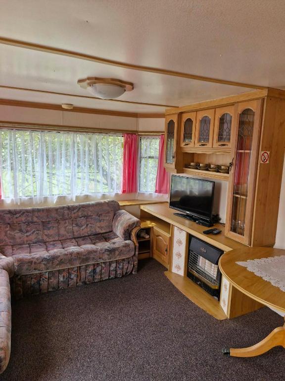 a living room with a couch and a television at Rodzinne Domki Łeba in Łeba
