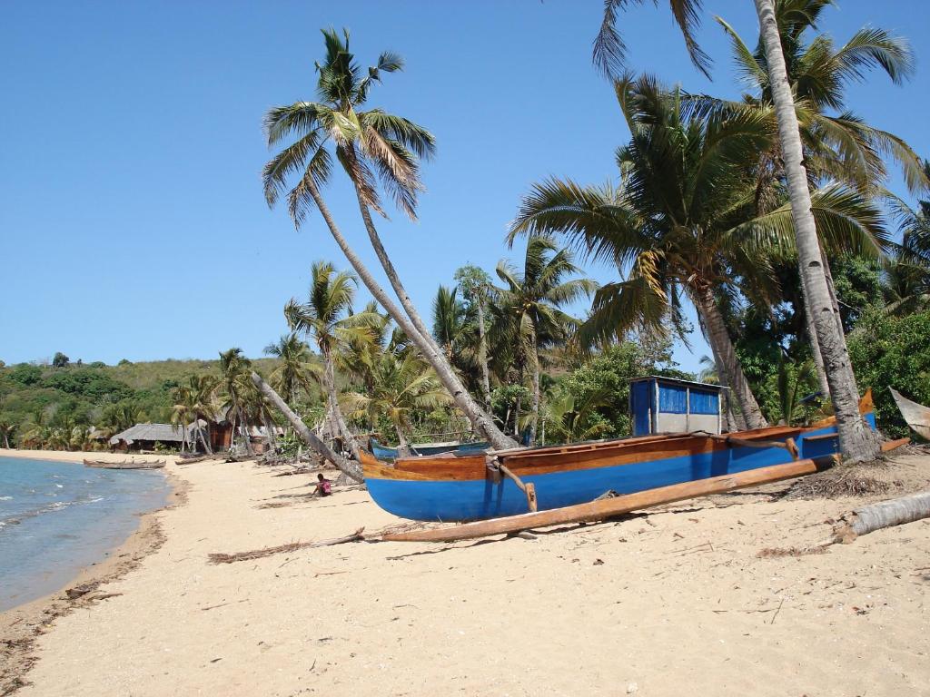 a blue boat sitting on a beach with palm trees at Hotel La Caravelle in Ambatoloaka