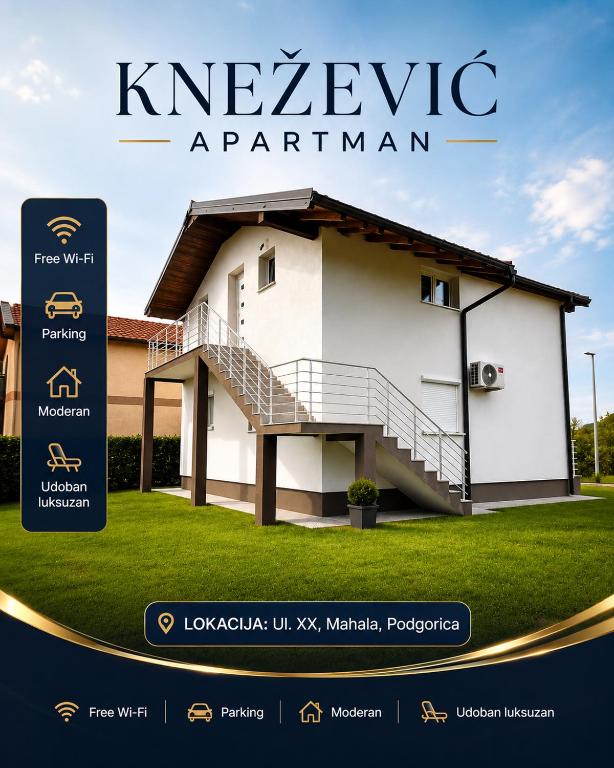 a house with a sign that reads klezmer appliance apartment at Knežević apartman in Podgorica