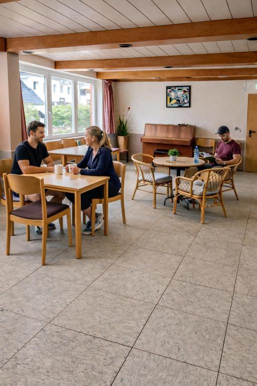 a group of people sitting at tables in a restaurant at Wildes Amrum Island Basecamp Backpacker & Nature Stay in Norddorf