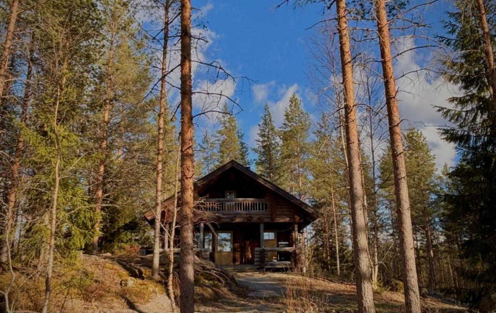 a log cabin in the woods with trees at Kalliorinteen Mökit Ruskapirtti in Töysä