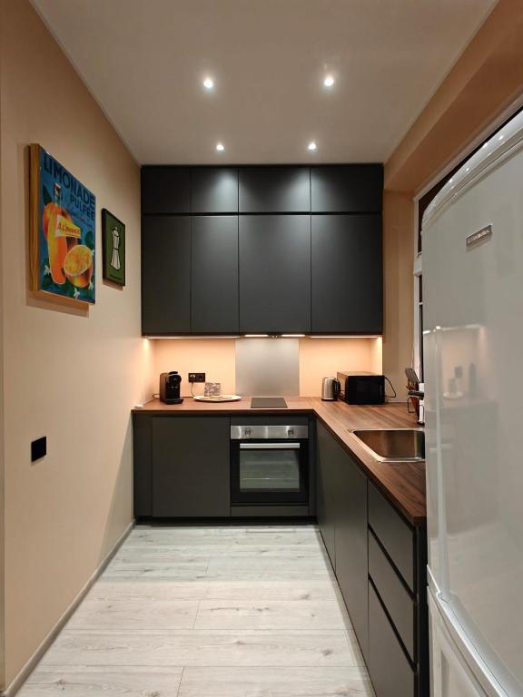a kitchen with black cabinets and a sink at Vytauto Apartamentai in Biržai