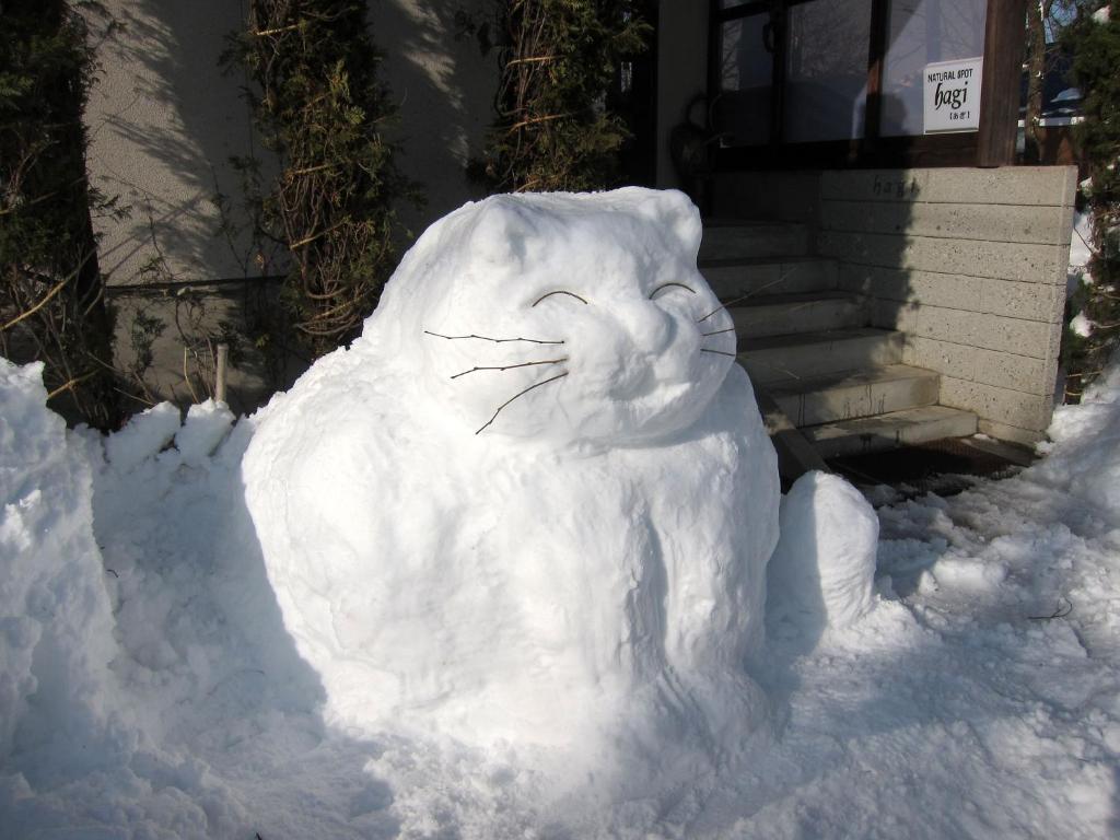 een sneeuwpop is gemaakt om op een kat te lijken bij Pension Agi in Hakuba