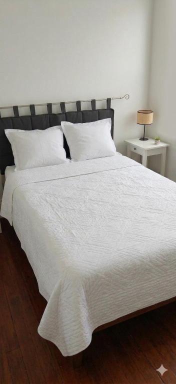 a large white bed with white sheets and pillows at La grenouille des thermes in Vittel